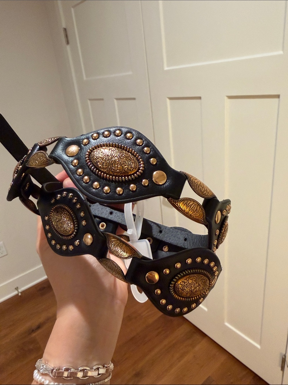 Black Leather Decorative Waist Belt with Antique Gold Medallions